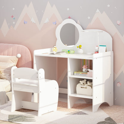 Kids Vanity Table with Mirror and Chair, Wooden Children's Dressing Makeup Desk with Storage Shelves