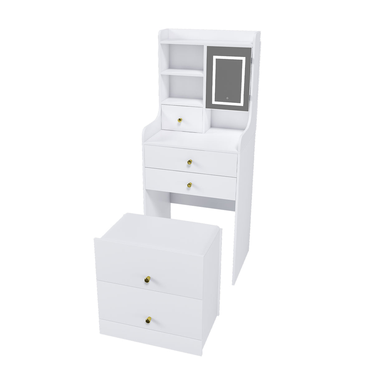 3-in-1 Dressing Table with LED Mirror & Storage Stool, Compact Makeup Vanity, White MDF, 50.39x19.69x15.75 inches