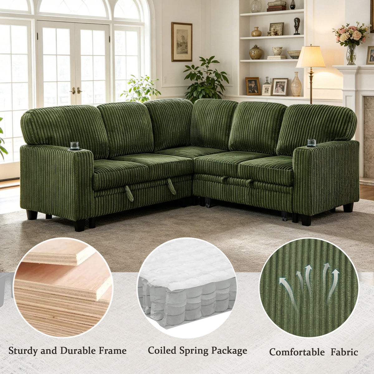 L-Shaped Sectional Sofa Bed with Pull-Out Bed & Storage, 5-Seat Sleeper Couch with USB Charging, Convertible Design, Corduroy Fabric