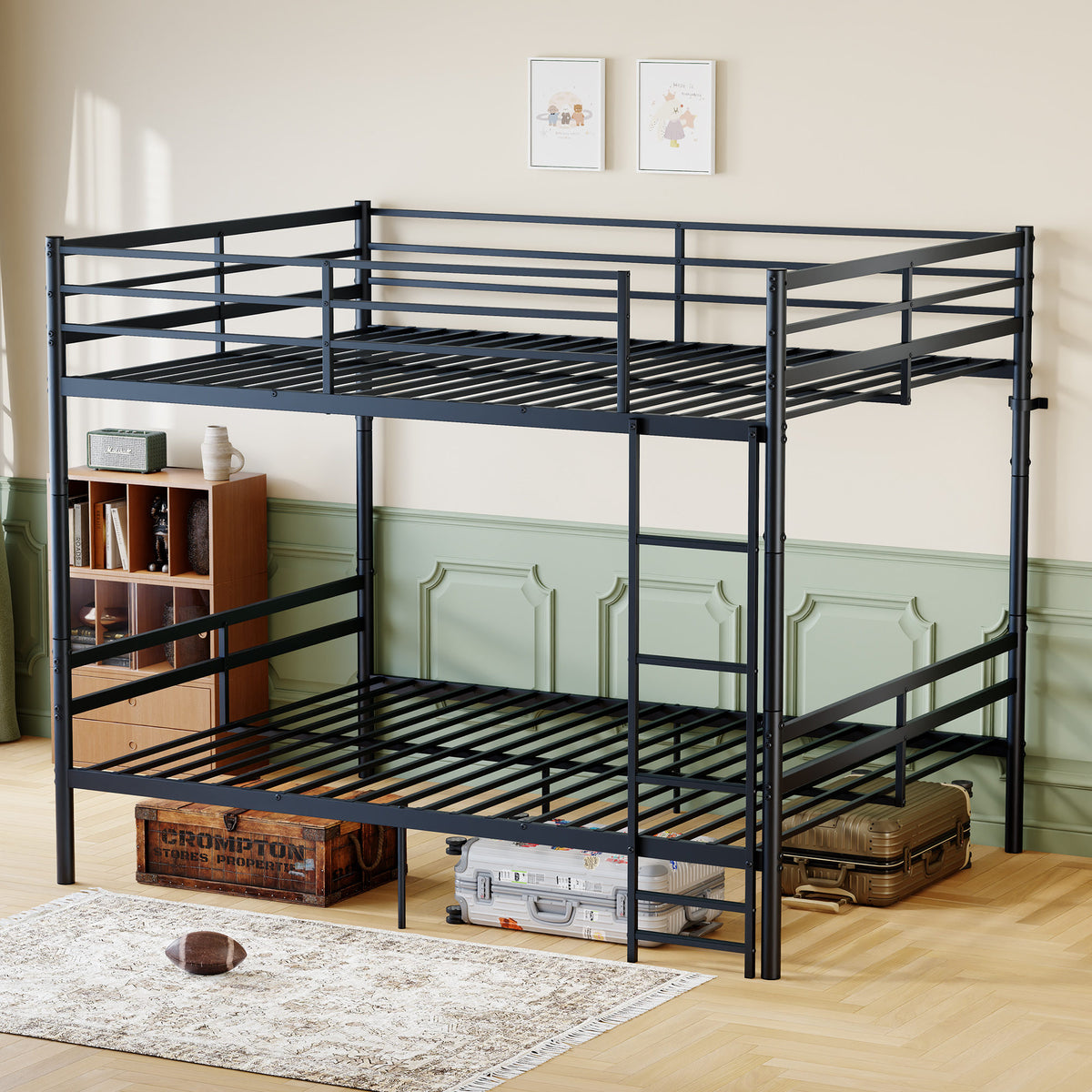 Queen-size heavy-duty bunk bed with ladder and high guardrails, 20 crossbars, minimum load capacity of 880 lbs per bunk, can be split into two double beds, includes storage space, black.