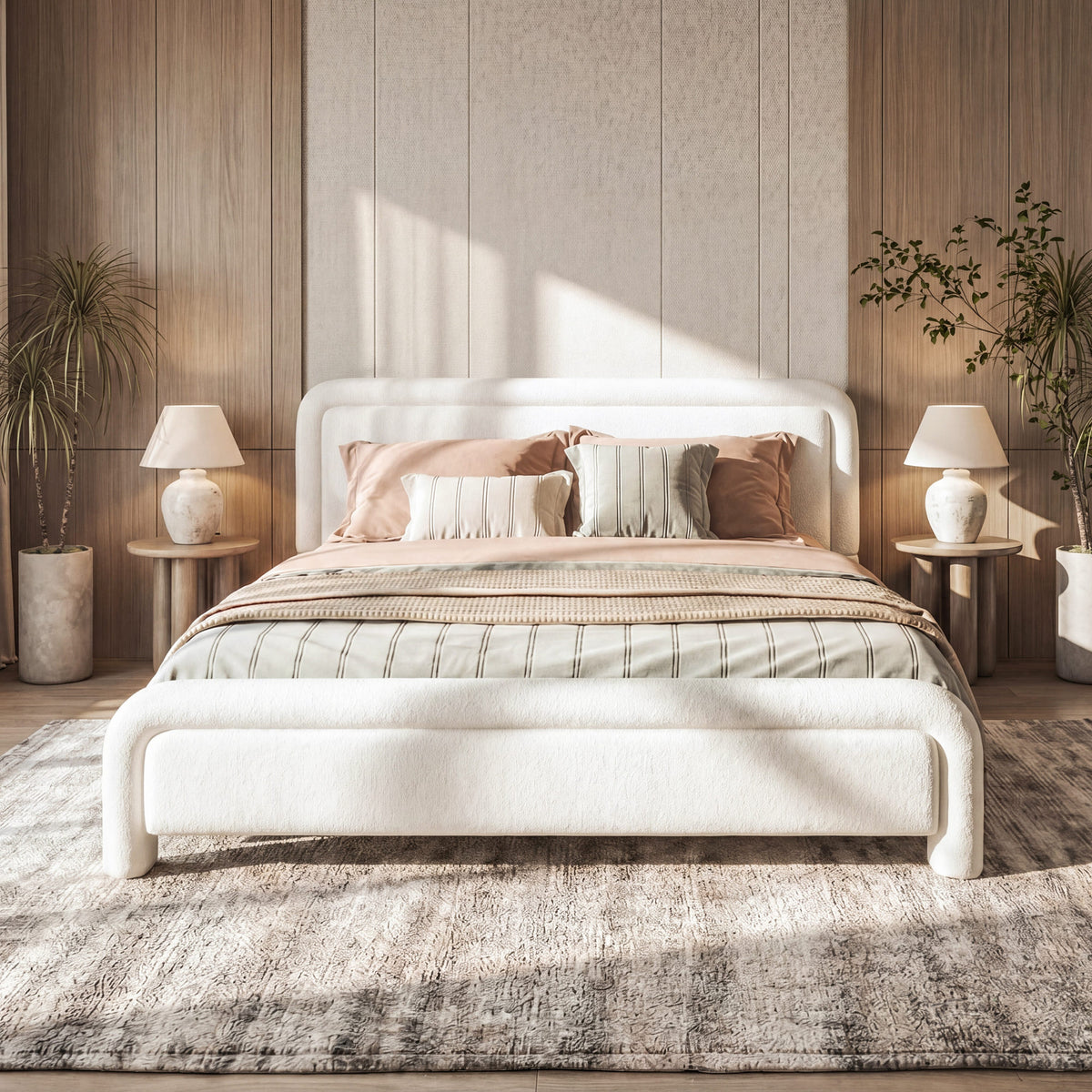 Modern White Boucle Upholstered Queen Platform Bed Frame with Curved Headboard, Wood Slats Support, No Box Spring Needed, Easy Assembly