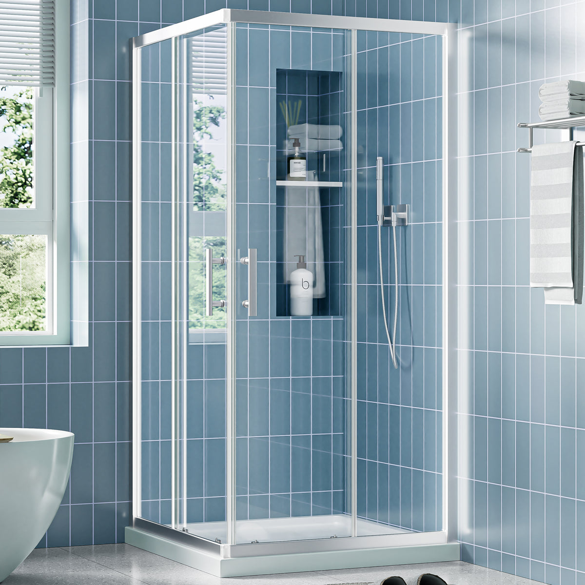 36' D X 36' W X 72' H Corner Shower Enclosure Shower Stall for Walk in Shower, 1/4' Thick Clear SGCC Tempered Glass With Explosion-proof Film Sliding Shower Door, Chrome
