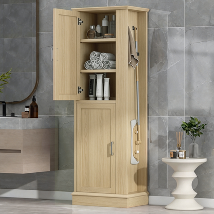 Tall Bathroom Storage Cabinet, Freestanding Storage Cabinet with Hook and Adjustable Shelf, MDF Board, Natural