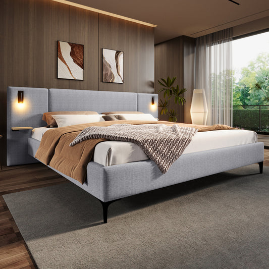 Chic Linen Upholstered Bed with Integrated Lights and Shelves, Grey, Queen