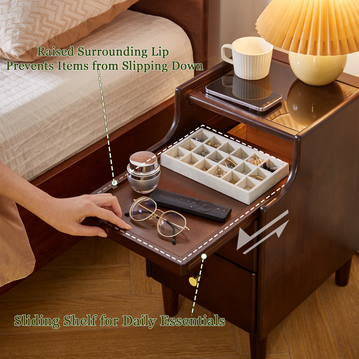 Solid Wood Nightstand with Two Drawers and Pull-out Panel Storage Bedside Table and Sofa Side Table