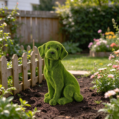 13.4' Garden Statue, Flocked Dog Figurine Style B, Resin Green Grass Effect Puppy Sculpture, Yard Lawn Patio Flower Bed Landscape Ornament, Decor Gift for Garden & Pet Lovers