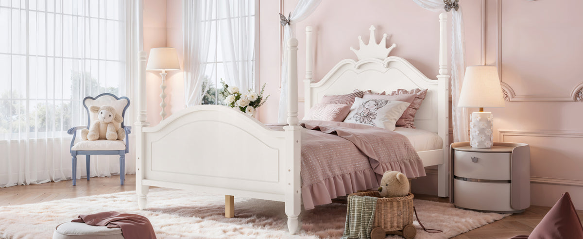 Full Size Crown Shaped Platform Bed, Four Poster Stylish Wooden Bed Frame, Elegant Curved Headboard Bed Frame For Bedroom,Beige