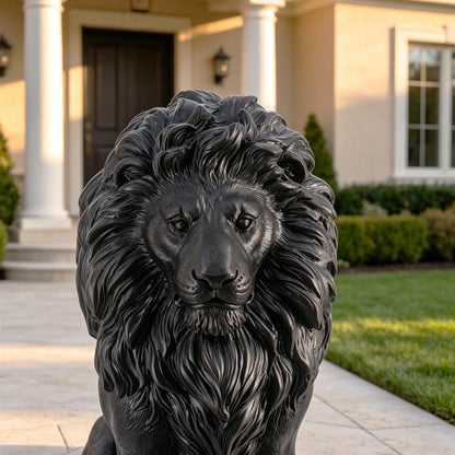 24.61' Black Sitting Lion Statue, Magnesium Oxide Stone Composite Animal Sculpture Statue Decor for Front Door, Yard Patio Garden, Matte Black Finish, Ideal Gift for Housewarming & Estate Decoration