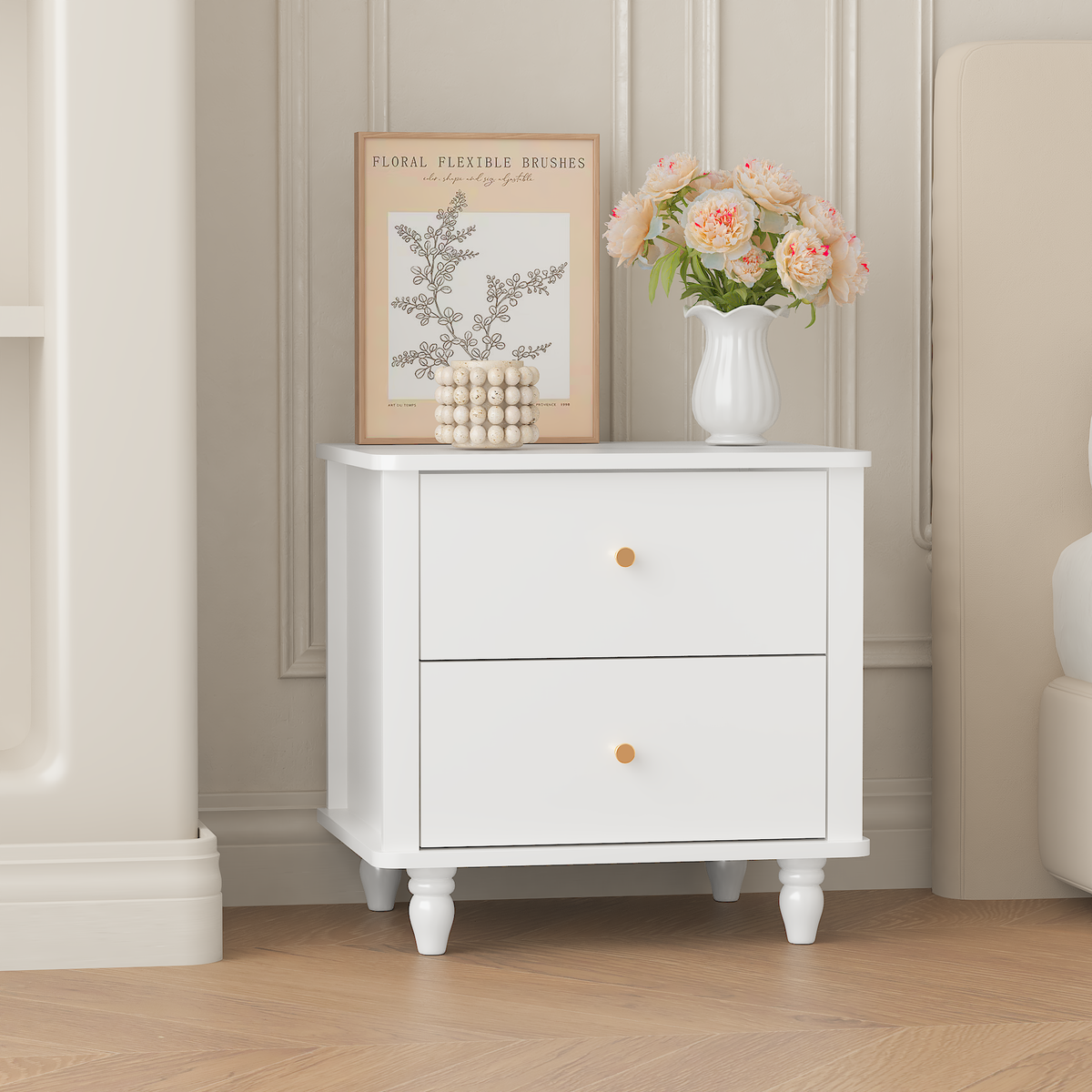 Modern 2-Drawer Nightstand, MDF Wooden Bedside Table with Round Knobs, Small Bedside Cabinet End Table for Bedroom, Living Room, Kids Room, White