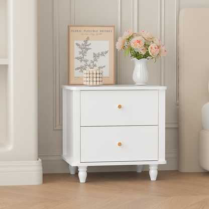Modern 2-Drawer Nightstand, MDF Wooden Bedside Table with Round Knobs, Small Bedside Cabinet End Table for Bedroom, Living Room, Kids Room, White