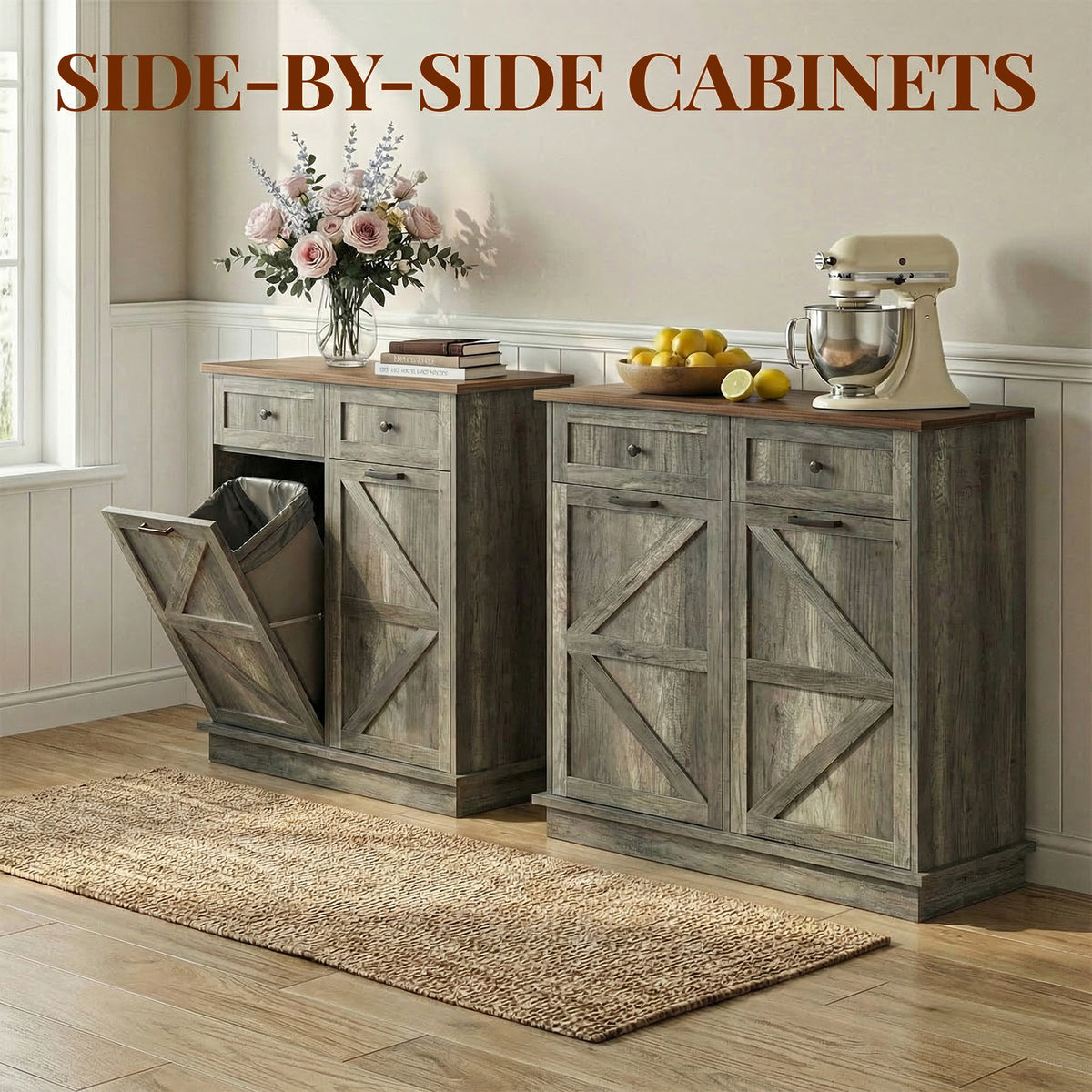 Tilt Out Trash Can Cabinet for Kitchen, Double 10-Gallon Hidden Trash Cabinet with Drawer, Farmhouse Wooden Garbage Cabinet, Dog Proof Trash Can Storage for Kitchen Laundry Living Room Office