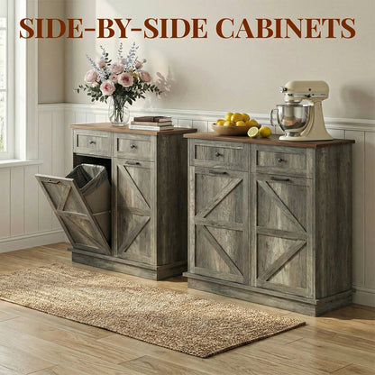 Tilt Out Trash Can Cabinet for Kitchen, Double 10-Gallon Hidden Trash Cabinet with Drawer, Farmhouse Wooden Garbage Cabinet, Dog Proof Trash Can Storage for Kitchen Laundry Living Room Office