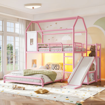 Twin over Full Playhouse Metal Bunk Bed with Slide & Ladder, House Shaped Bunk Bed with LED Light Strip, Privacy Curtain, Movable Storage Cabinet and Hanging Rod, Twin over Full Kids Bunk Bed , Pink