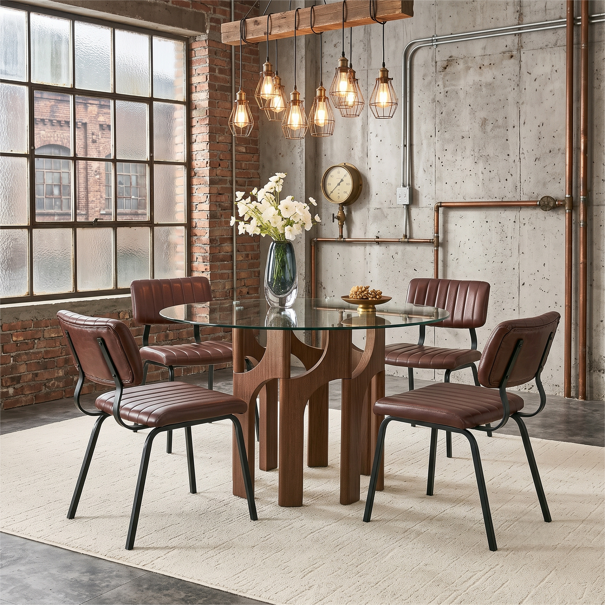 Brown Waxed Faux Leather Dining Chairs Set with Round Glass Dining Table, 4 Padded Upholstered Chairs & Tempered Glass Tabletop, Wood-Tone Base Industrial Dining Room Table Set
