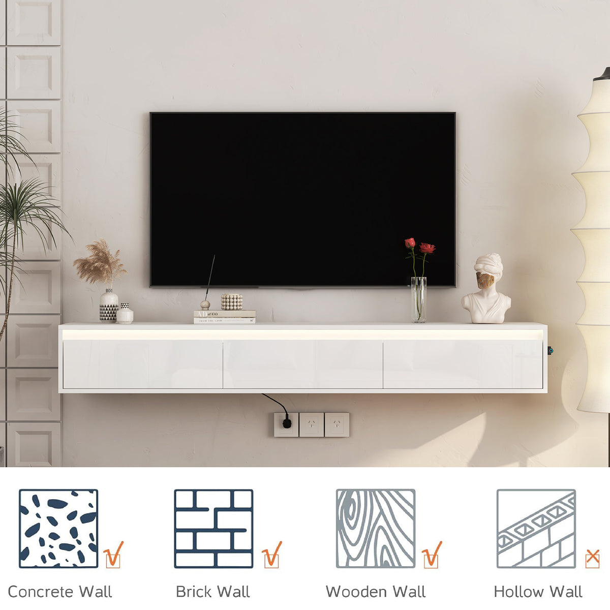 Floating TV Stand, Wall Mounted TV Shelf with Led Lights & Power Outlet, Cabinet for High Gloss tv Stands for Living Room