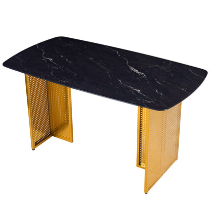 Modern-Style Rectangular Tempered Glass Dining Table for 6, Featuring a Marble-Patterned Design with Golden Hollow-Out Metal Legs, an Ideal Dining Table for Living Rooms and Home Offices.