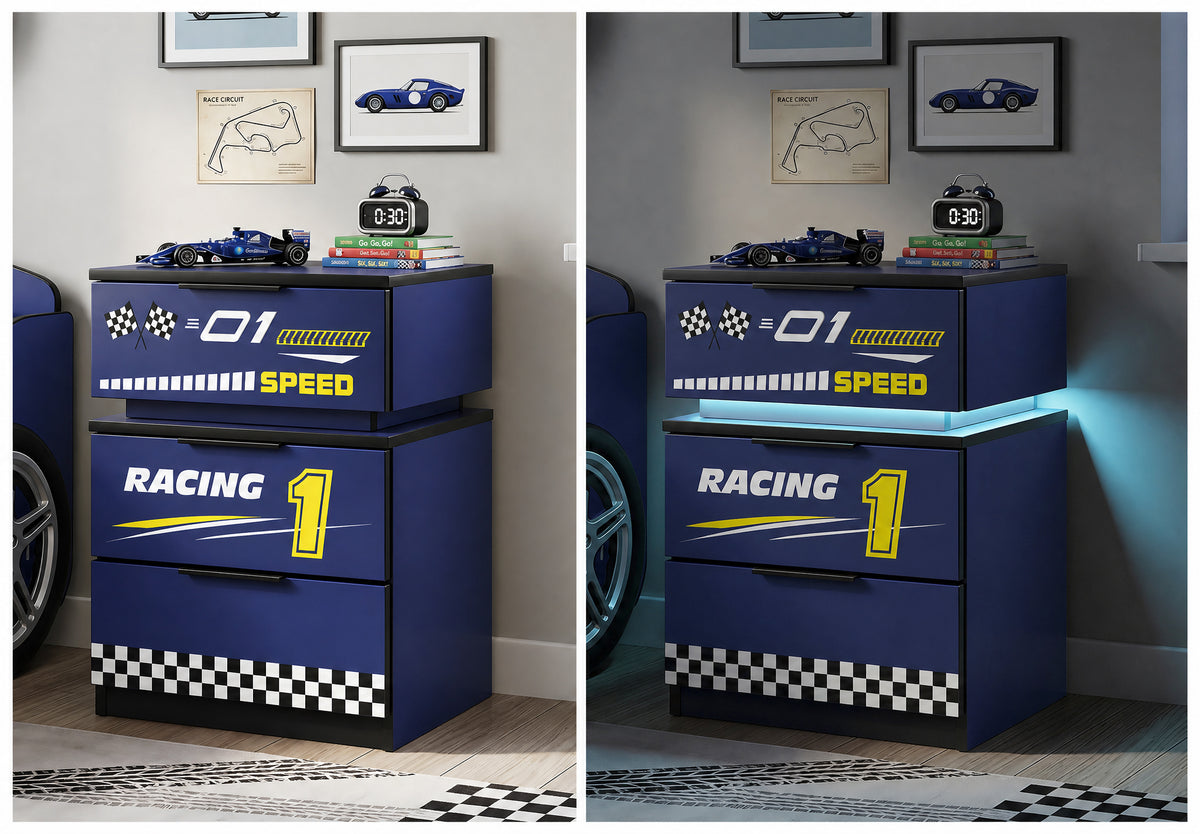 Kids Racing Car 3-Drawer Nightstand with Smart RGB LED Light, App/Remote/Music Sync Bedside Storage Cabinet, Fully KD