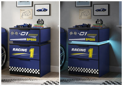 Kids Racing Car 3-Drawer Nightstand with Smart RGB LED Light, App/Remote/Music Sync Bedside Storage Cabinet, Fully KD