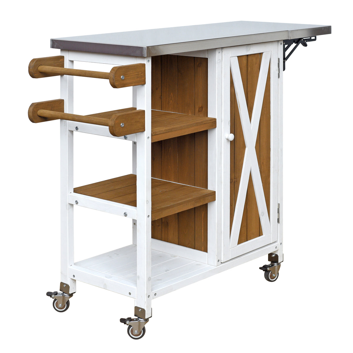 Foldable Outdoor Kitchen Island with Stainless Steel Worktop and Wood Frame, White+Brown, Portable Prep Station