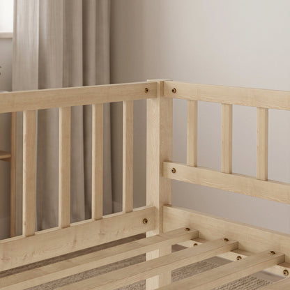 Full Size Daybed, 3-Sided Vertical Slat Guardrail Bed Frame, Breathable Wooden Slat Support Leisure Bed for Home Bedroom,Natural