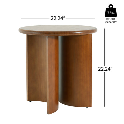 Walnut Finish Pine Wood Round Side Table with Unique Fan-Shaped Legs, Mid-Century Modern Accent End Table for Living Room