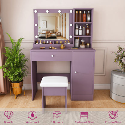 Modern Purple Vanity Desk Set with Padded Stool and Adjustable LED Mirror, 3 Color Light Modes, MDF Construction