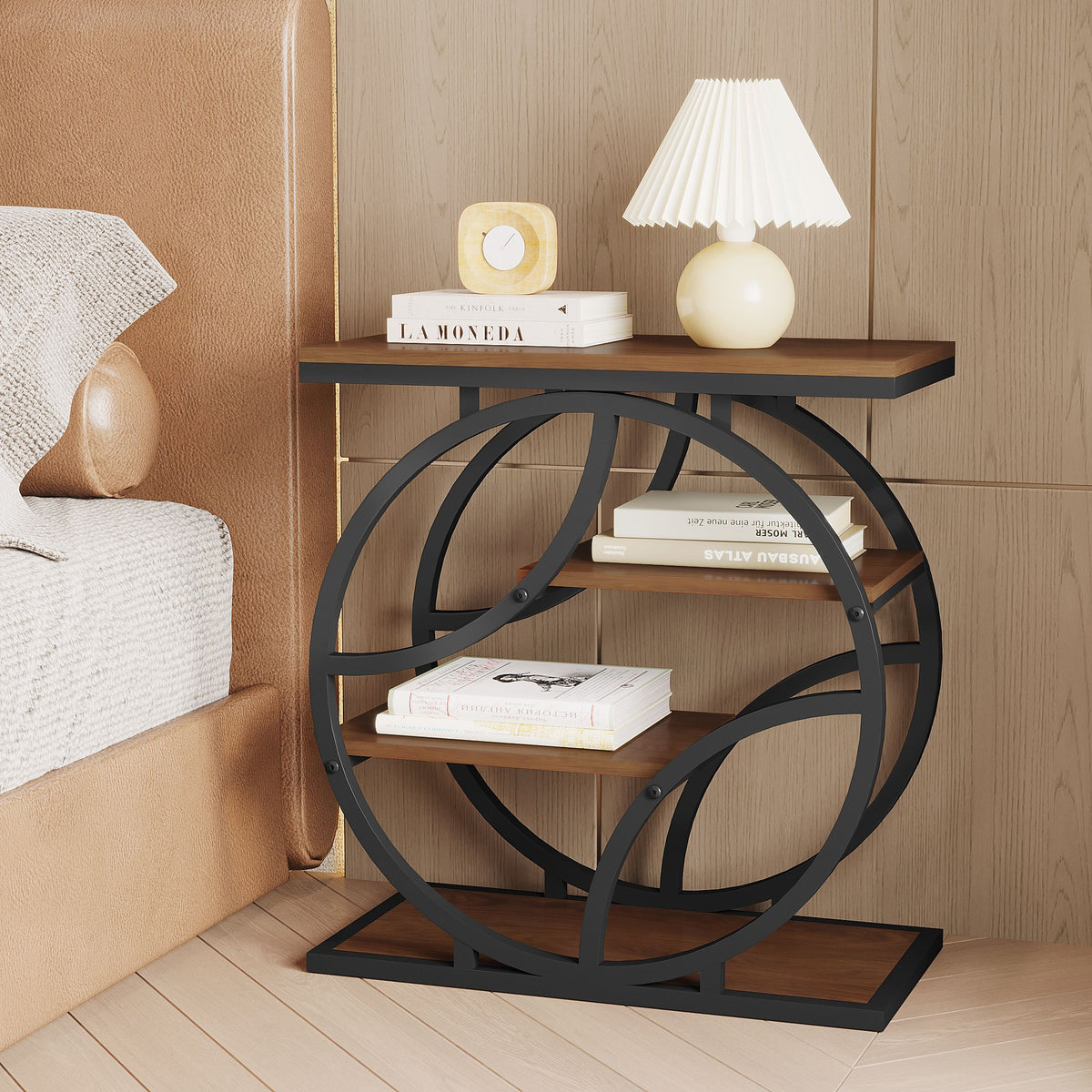 4-Tier Side Table with Storage, 25.6" Narrow End Table, Industrial Plant Stand & Nightstand, Geometric Metal Frame Accent Table for Living Room, Bedroom & Small Spaces, ( Brown)