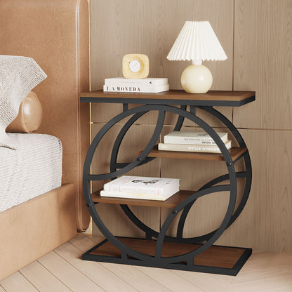 4-Tier Side Table with Storage, 25.6" Narrow End Table, Industrial Plant Stand & Nightstand, Geometric Metal Frame Accent Table for Living Room, Bedroom & Small Spaces, ( Brown)