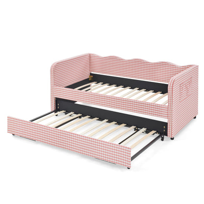 Twin‑Size Daybed, Gingham Upholstered 3‑in‑1 Versatile Convertible Sofa Bed with Pull‑Out Trundle & Side Storage Pockets, Ideal for Multiple Room Layouts and Small‑Space Living-Pink