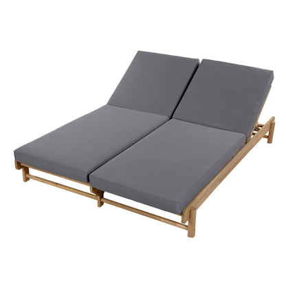 Light Teak Acacia Wood Double Chaise Lounger Set: 1 Frame + 2 Dark Grey Cushions, 800 lbs Capacity, 3-Position Adjustable Backrest, 4" Thick 2-Fold Water-Resistant Cushions for Patio Poolside Backyard