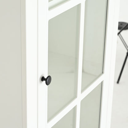 75.25'' Tall Freestanding Pantry Cabinet with Glass Door & Lattice Window, Farmhouse Display Cabinets with Storage, Hutch with Double-Action LH&RH Door, for Hallways, Livingroom Kitchen & Office,White