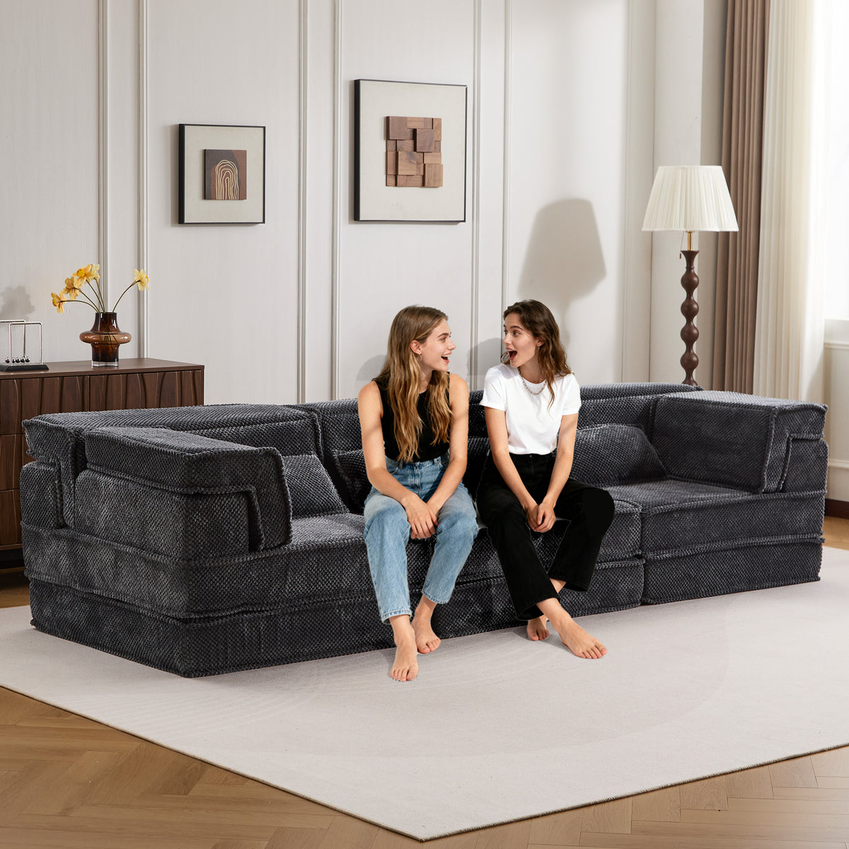 Compression Mahjong Sofa, Convertible Floor Sofa Bed, DIY Boneless Modular Sectional Sofa, No Assembly Required, Circle fleece fabric – Gray