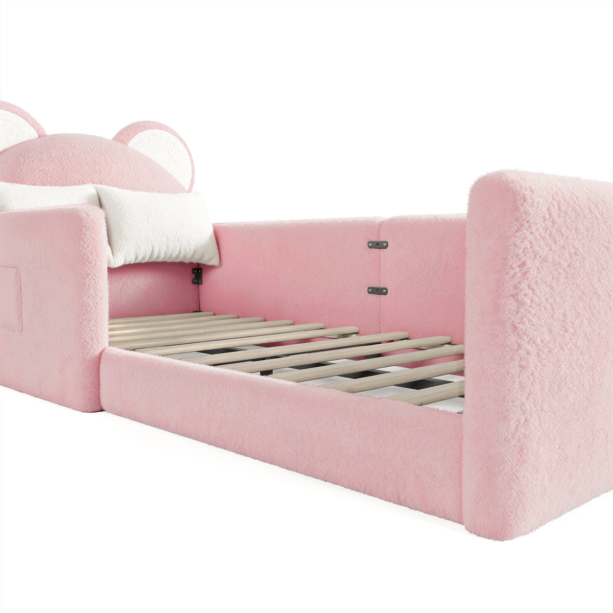 Twin Upholstered Kids Bed, Cute BearShaped Upholstered Floor bed, Children Bed Frame with Removable MagicTape Headboard, Low Floor Bed for Kids,White&Pink