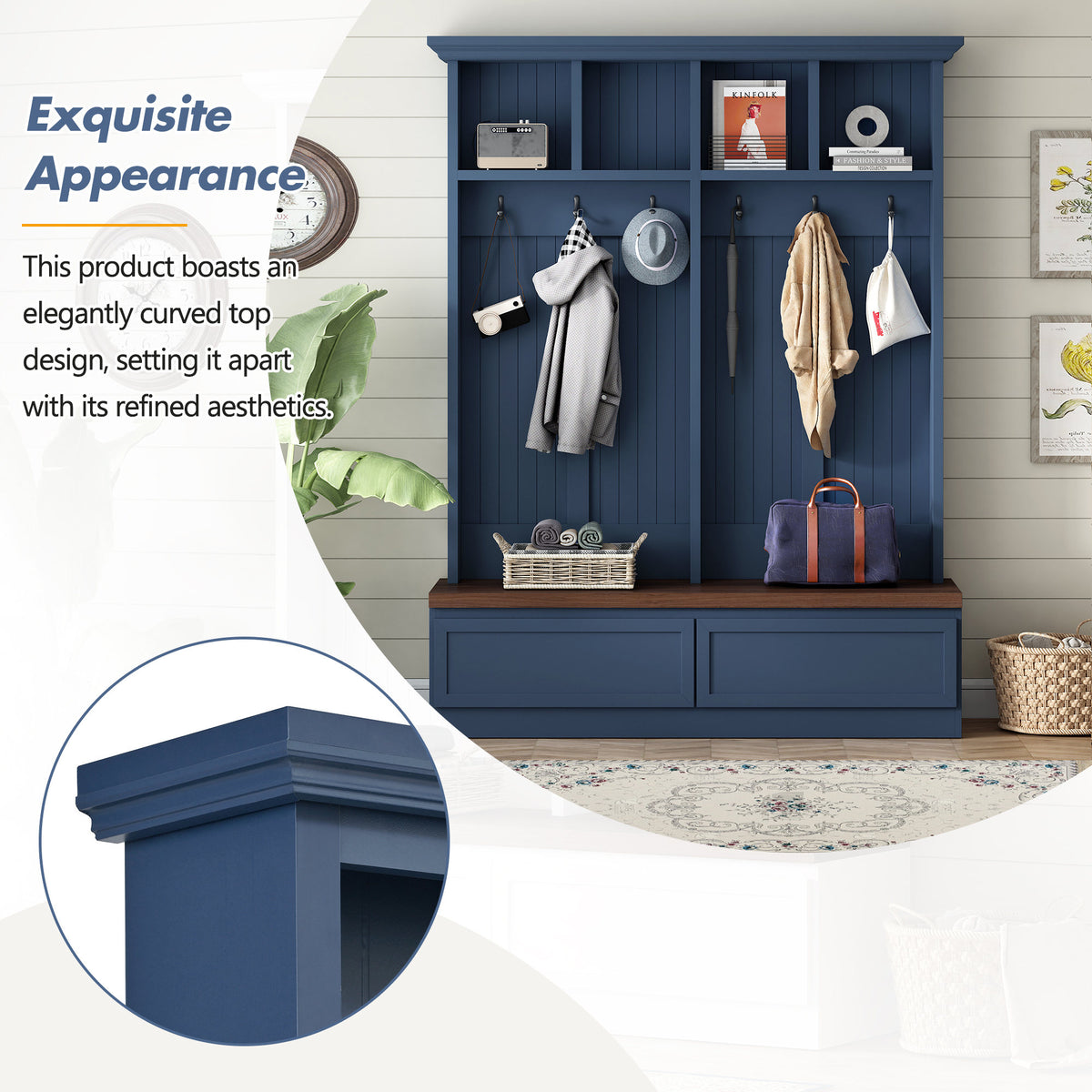 Farmhouse 4-in-1 Hall Tree with Wood Grain Bench, Mudroom Versatile Coat Rack with 2 Large Drawer, Entrance Organizer, Blue, 55.9" W