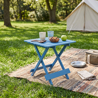 Folding Square Table Patio Outdoor solid wood Table for Backyard, Balcony, Portable Design Space-Saving Blue Color