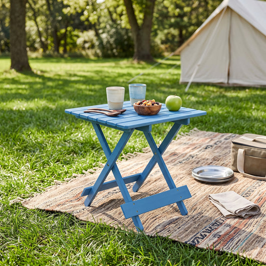 Folding Square Table Patio Outdoor solid wood Table for Backyard, Balcony, Portable Design Space-Saving Blue Color