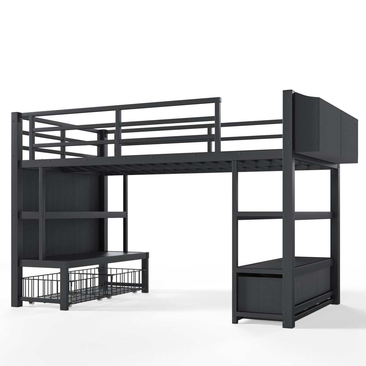 Twin Metal Low Loft Bed for Kids, Low Loft Bed with Storage Drawer, Low Loft Bed with Bookshelf & Storage Bag, Sturdy Low Loft bed Frame with Open Storage Space for Bedroom, Black