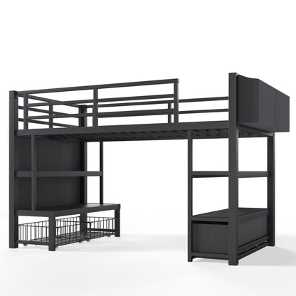 Twin Metal Low Loft Bed for Kids, Low Loft Bed with Storage Drawer, Low Loft Bed with Bookshelf & Storage Bag, Sturdy Low Loft bed Frame with Open Storage Space for Bedroom, Black