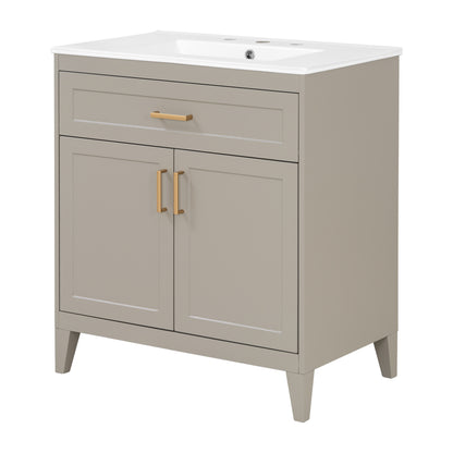 [Video] 30" Bathroom Vanity with Ceramic Sink Top, Solid Wood Legs, Soft-Close Double Doors & Tip-Out Drawer, Adjustable Interior Shelf, Door-mounted Organizers, Beige