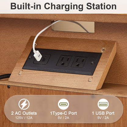 Nightstand with Charging Station, 2 Drawer Bedside Table with Shelf  Features geometric drawer fronts, open storage, USB and AC charging, and solid wood legs for everyday convenience