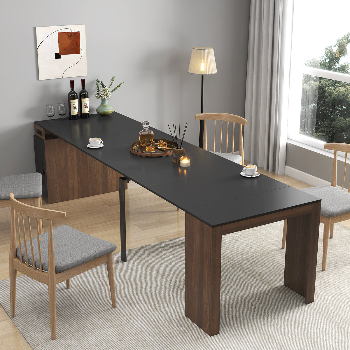 Modern Multifunctional Extendable Dining Table with Outlet, Space Saving Expanding Table with Storage for Party, Weddings, Meetings, Celebrations