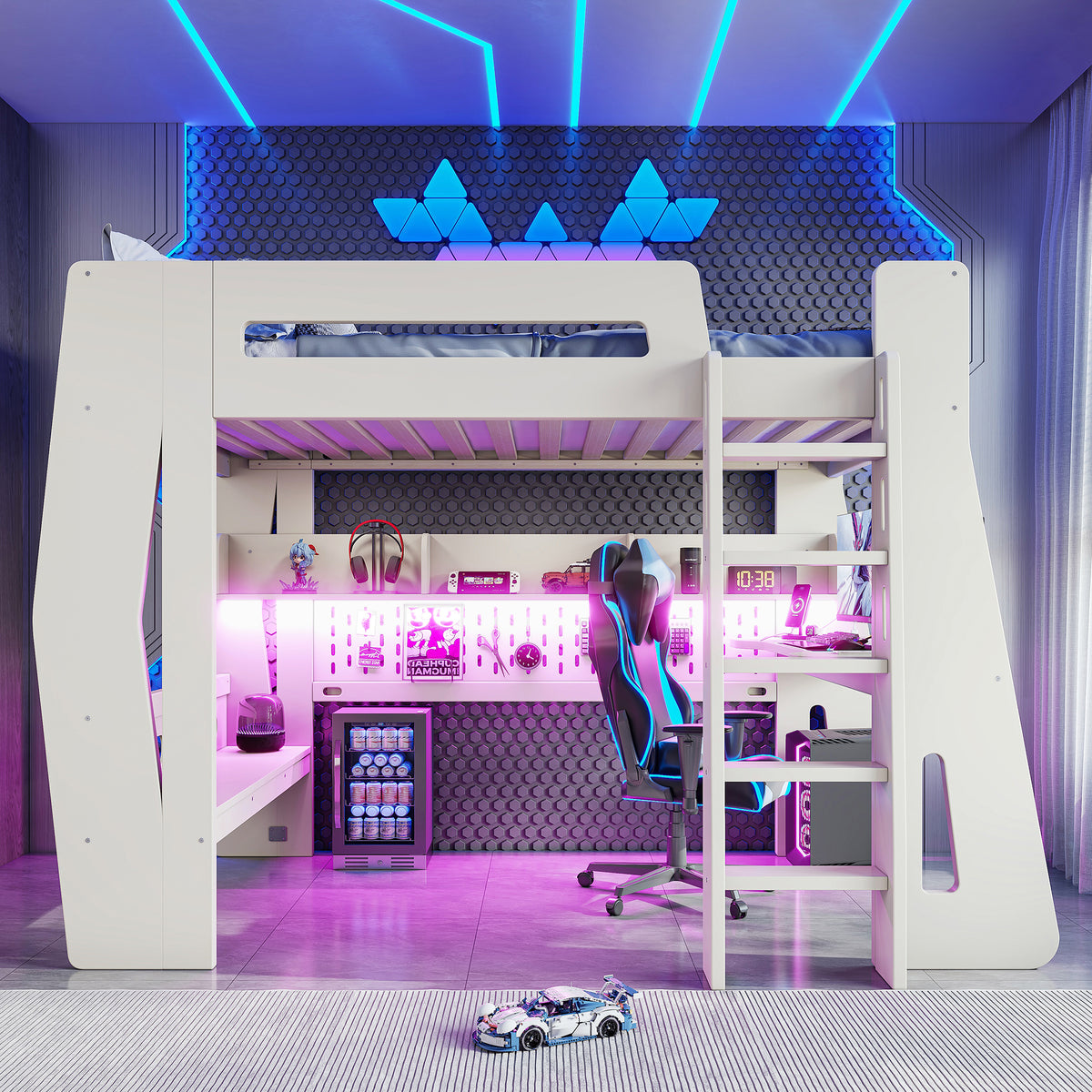 Twin/Full Size Gaming Loft Bed, All-in-One Gaming Bed with Desk, Gaming Bed with Storage, Gaming Loft Bed with Led Light, Esports Style Loft Bed Frame for Teens, Space Saving Loft bed.Beige