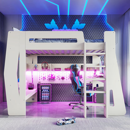 Twin/Full Size Gaming Loft Bed, All-in-One Gaming Bed with Desk, Gaming Bed with Storage, Gaming Loft Bed with Led Light, Esports Style Loft Bed Frame for Teens, Space Saving Loft bed.Beige
