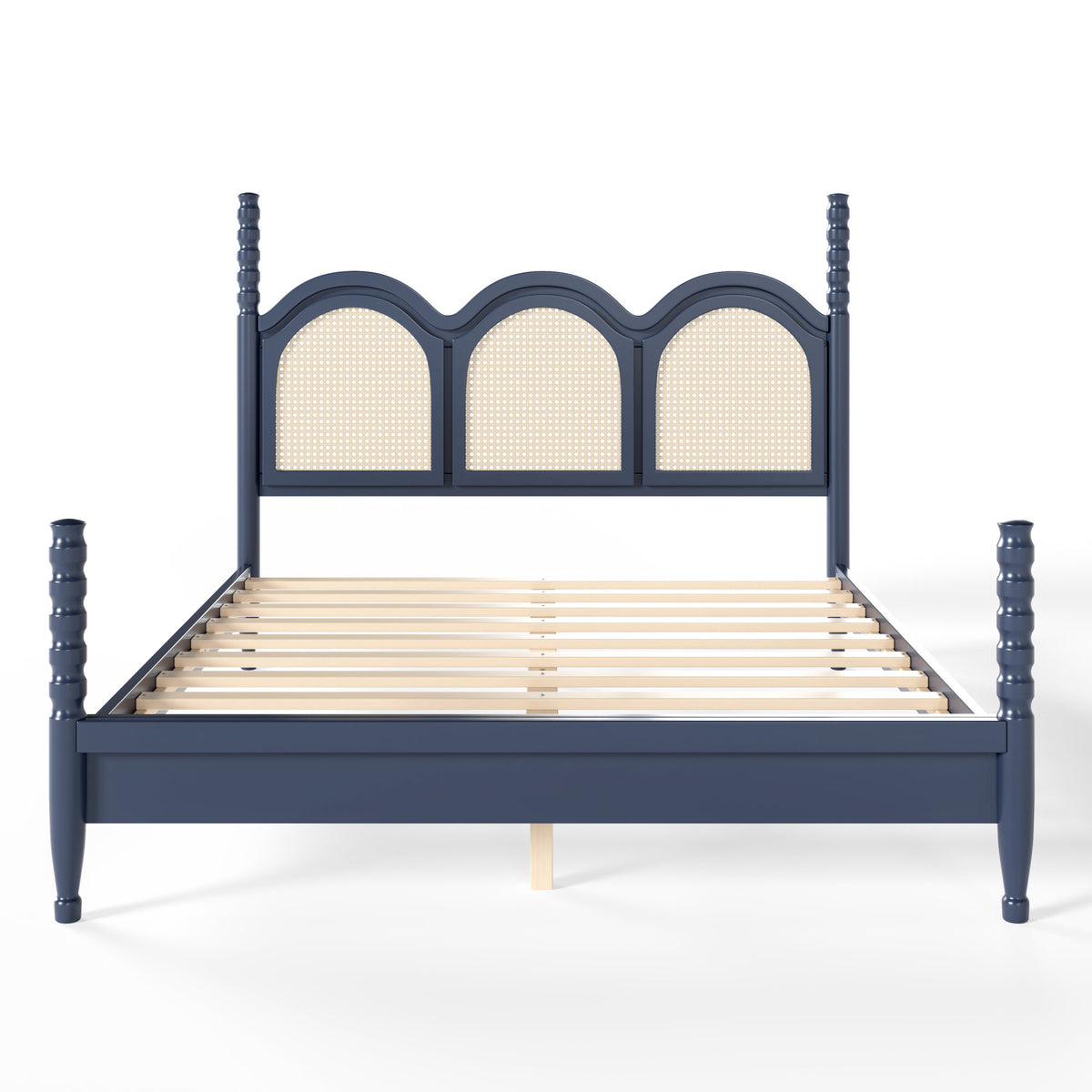 Queen Size Platform Bed with Arched Woven Headboard, Four Poster Stylish Wooden Bed Frame, Elegant Curved Headboard Bed Frame For Bedroom,Blue