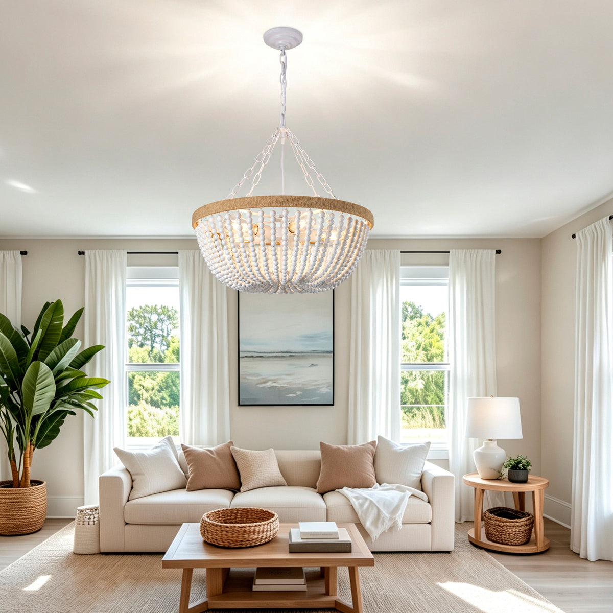 21.65" Farmhouse Chandelier, Matte White & Natural Wood Finish, 5xE26 Socket Max 60W, Bulbs Not Included