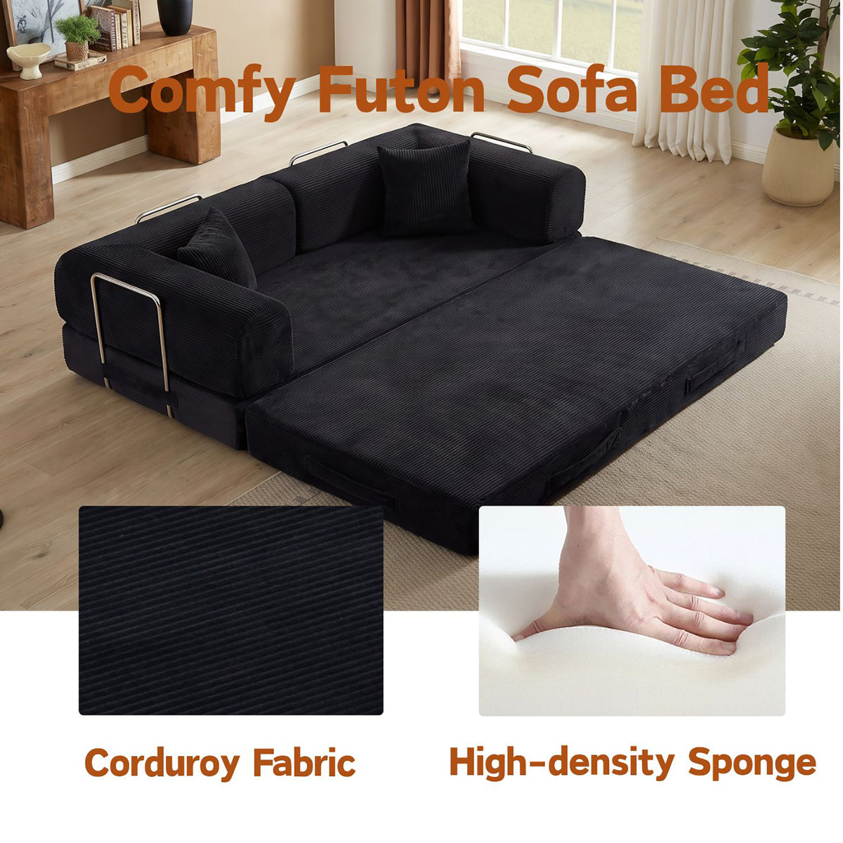 Convertible Sofa Bed, Folding Floor Couch Corduroy Fold Out Couch Bed Futon Sleeper Mattress with Pillows, Boneless Sofa for Living Room Bedroom,BLACK