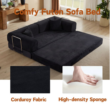 Convertible Sofa Bed, Folding Floor Couch Corduroy Fold Out Couch Bed Futon Sleeper Mattress with Pillows, Boneless Sofa for Living Room Bedroom,BLACK