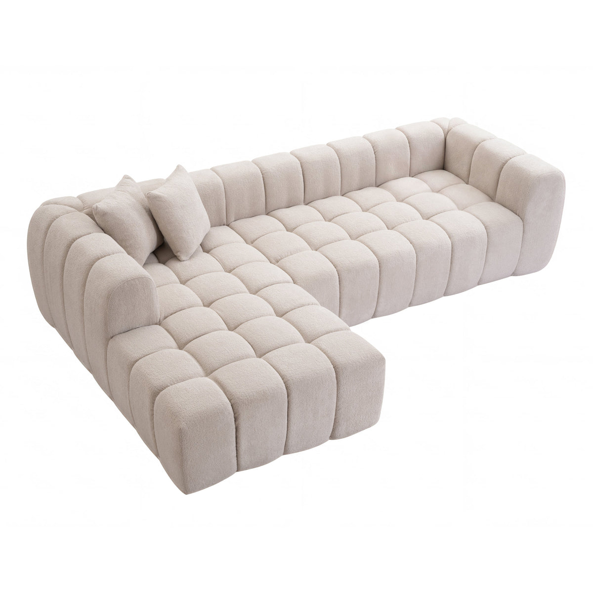 111.3" Camel Tufted Bubble Modular Sectional Sofa, Vacuum Compressed Foam L Shape Cloud Couch, Boucle Teddy Fabric Plush Corner Sofa with Pillows, Boneless Compression Sofa for Living Room.