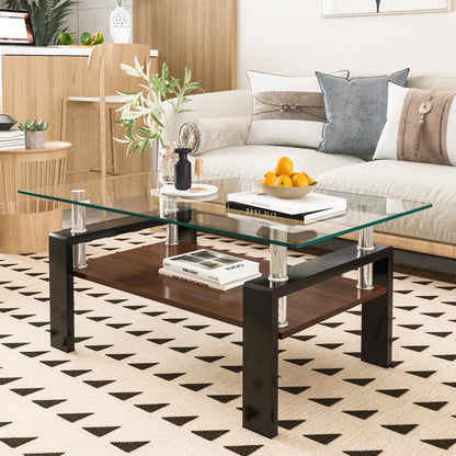 Rectangle Coffee Table, Tempered Glass Tabletop with MDF Layer, Modern Table, Transparent Glass