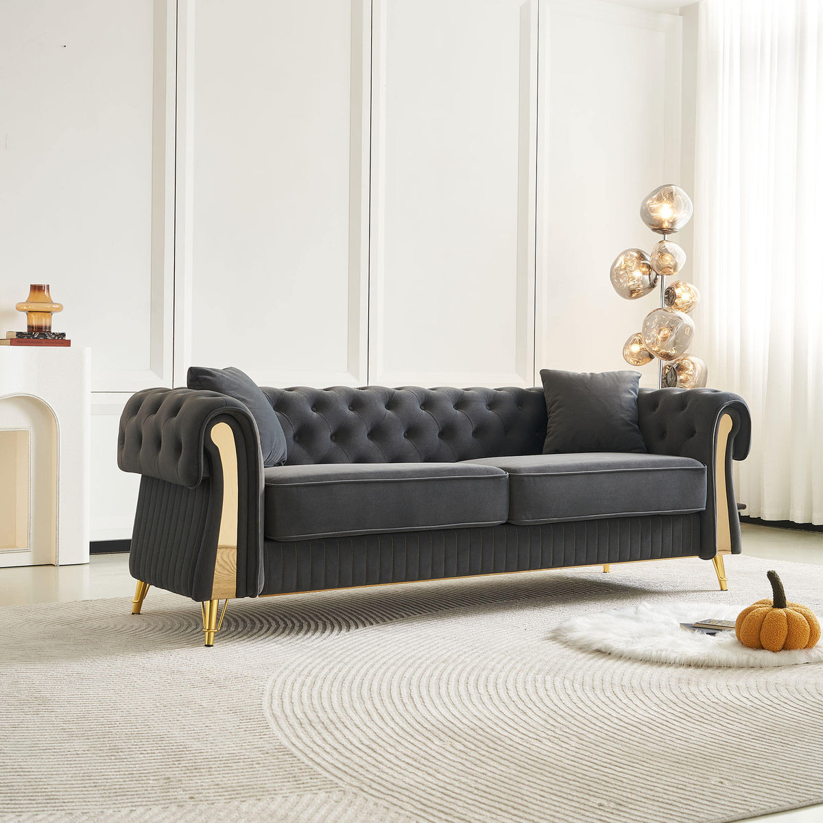 Chesterfield Modern Tufted Velvet Living Room Sofa, 84.25''W Couch,Dark Grey